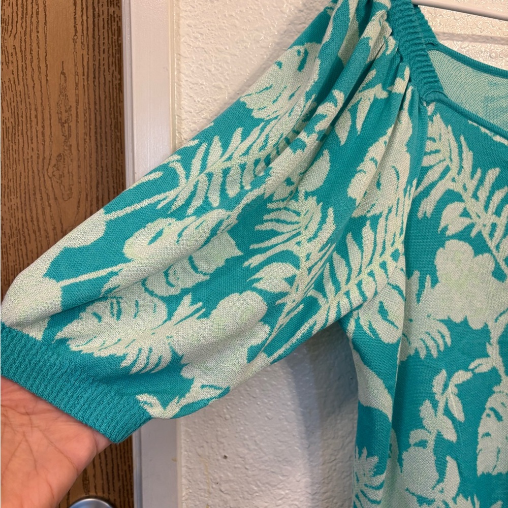 Cato Plus Size Tropical Leaf Knit Sweater‎ Women's 18/20W Teal White - Picture 3 of 5